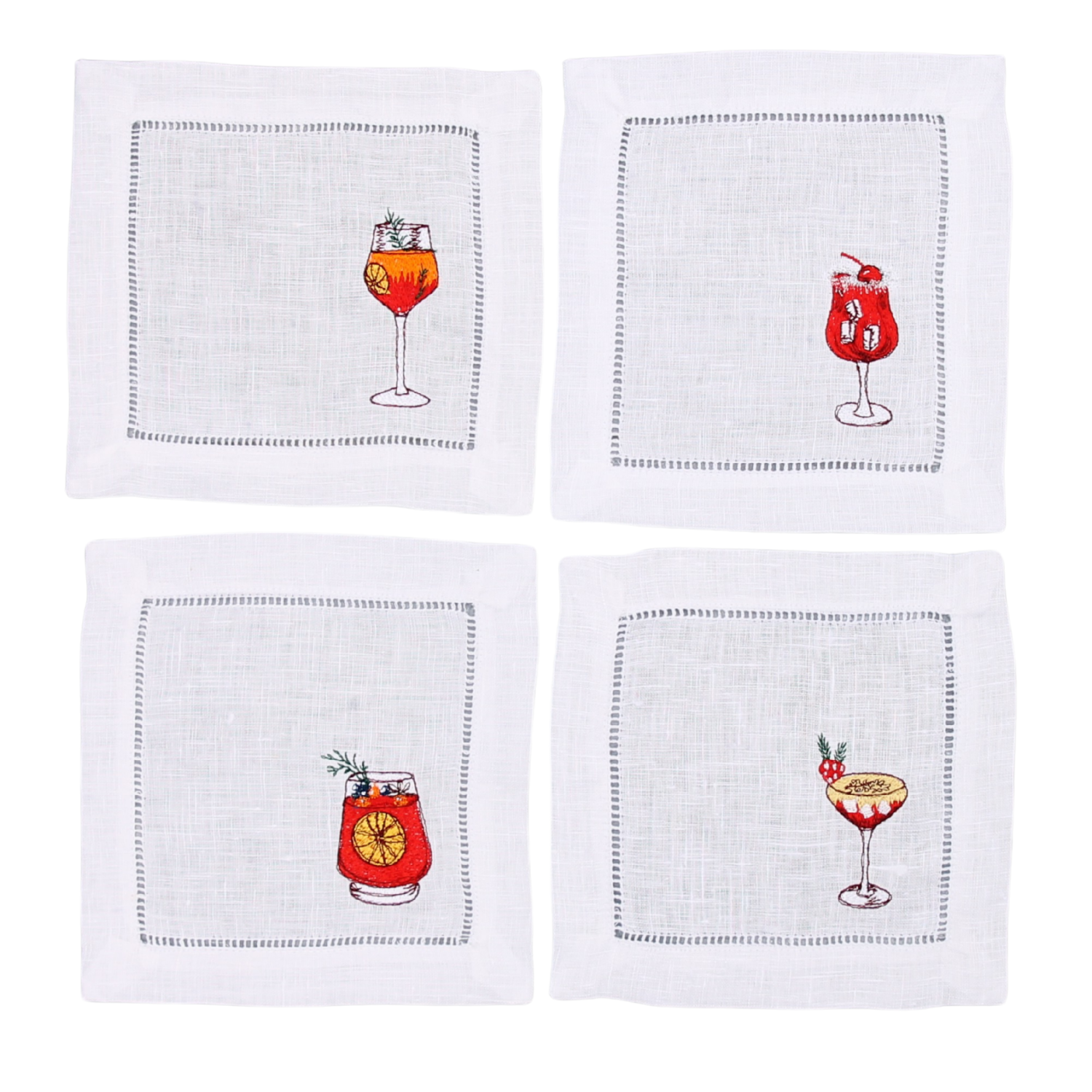 LINEN HEMSTITCH COCKTAIL NAPKIN – Set of 4 embroidered Christmas Cocktail Napkins
