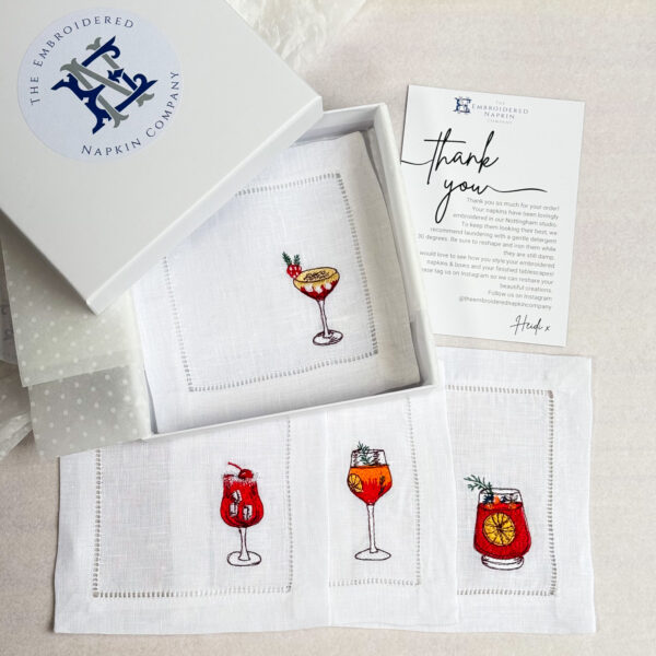 LINEN HEMSTITCH COCKTAIL NAPKIN Set of 4 embroidered Christmas Drinks Cocktail Napkins