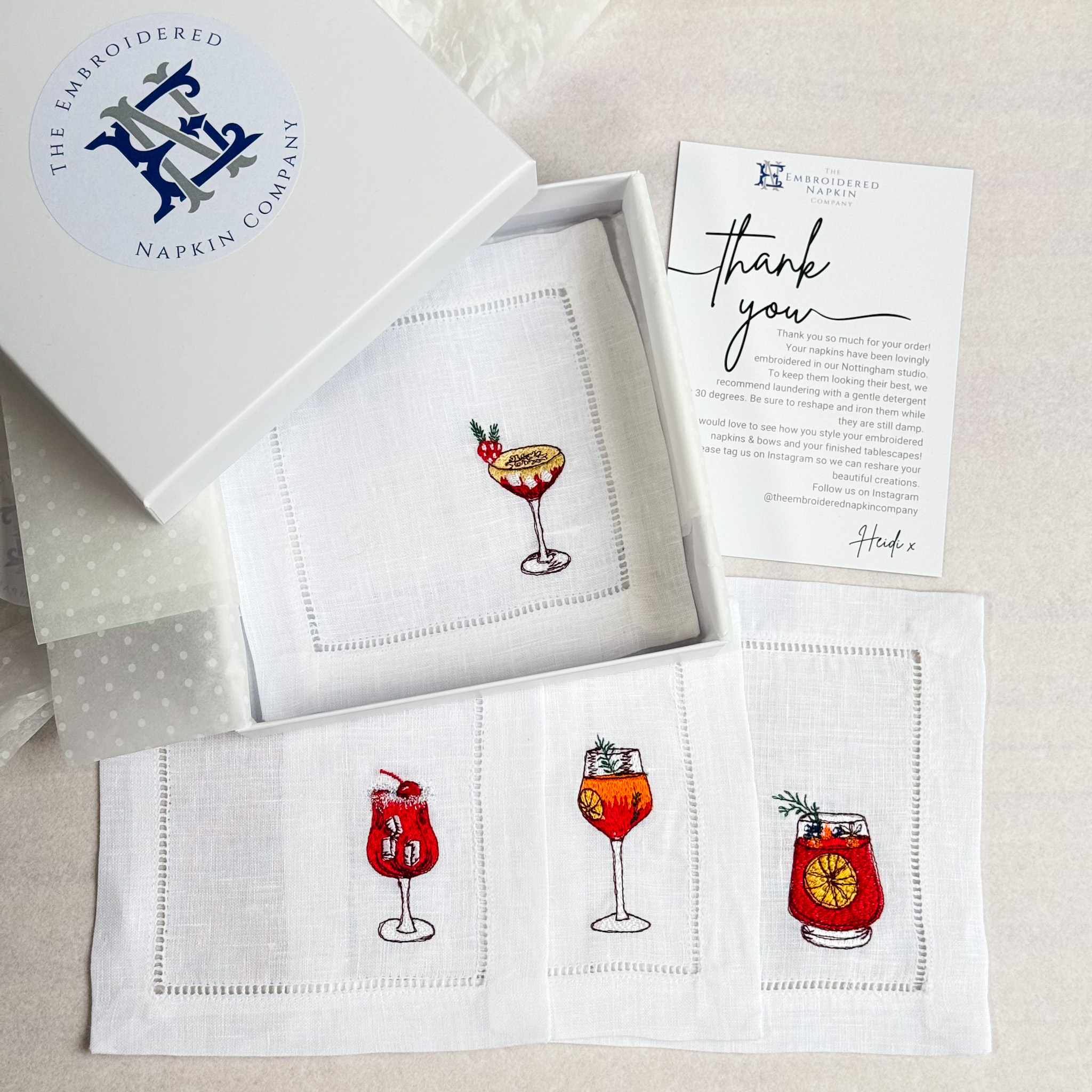 LINEN HEMSTITCH COCKTAIL NAPKIN Set of 4 embroidered Christmas Drinks Cocktail Napkins