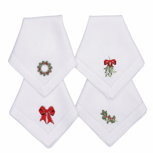 LINEN HEMSTITCH NAPKIN – Set of 4 embroidered Christmas Napkins
