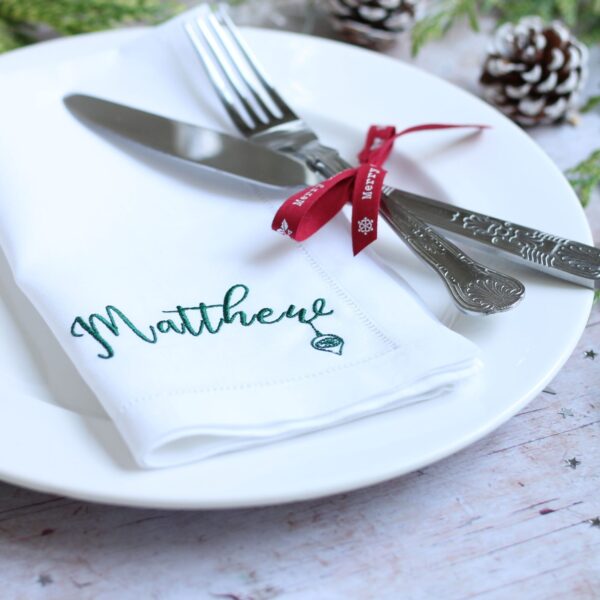 LINEN HEMSTITCH NAPKIN - Personalised with Name and Festive Bauble Personalised Christmas Napkin