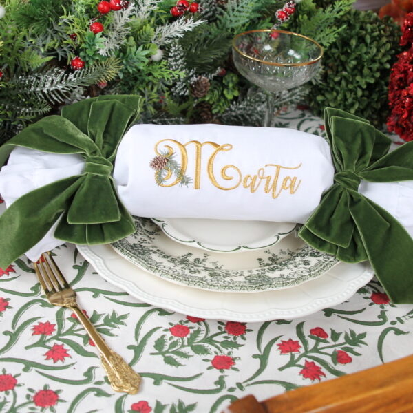 MAXI RUFFLE CHRISTMAS CRACKER – Reusable Crackers Once “Pulled” Becomes Full Size Napkin – Personalised with Pine Monogram Name