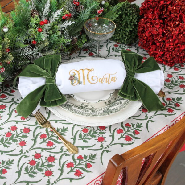 MAXI RUFFLE CHRISTMAS CRACKER – Reusable Crackers Once “Pulled” Becomes Full Size Napkin – Personalised with Pine Monogram Name