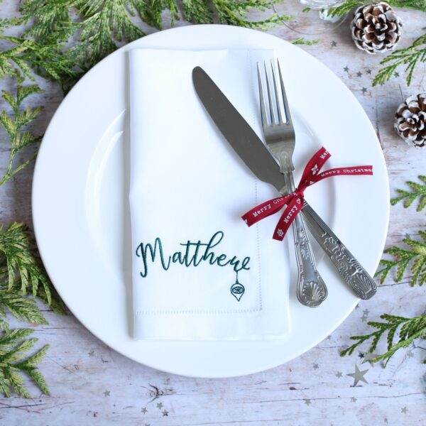 LINEN HEMSTITCH NAPKIN - Personalised with Name and Festive Bauble Personalised Christmas Napkin