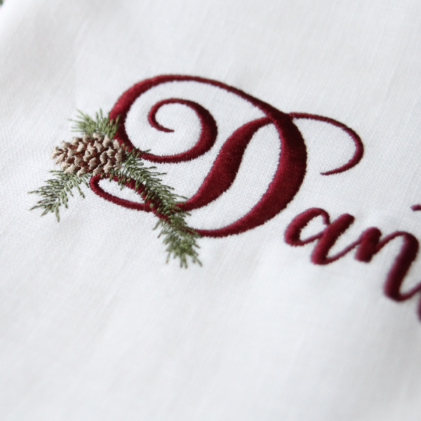 LINEN SCALLOP NAPKINS With Claret or Sage Green Scallop - Christmas Pine Personalised Name