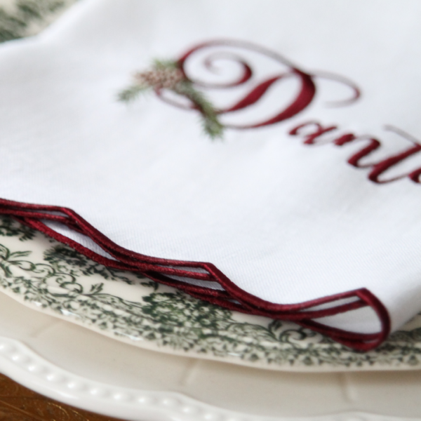 LINEN SCALLOP NAPKINS With Claret or Sage Green Scallop - Christmas Pine Personalised Name