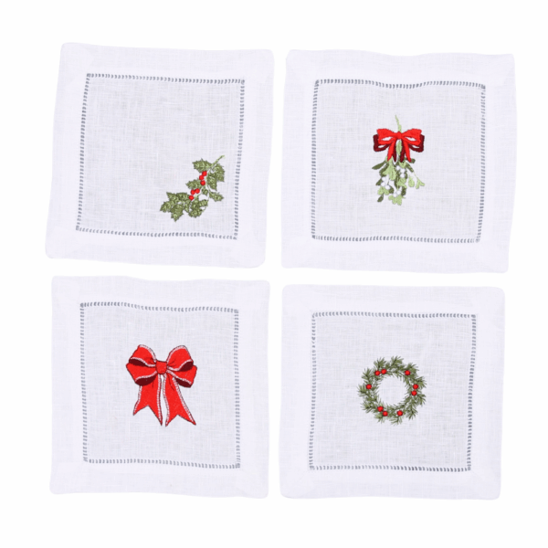 LINEN HEMSTITCH COCKTAIL NAPKIN - Set of 4 embroidered Christmas Coaster Napkins