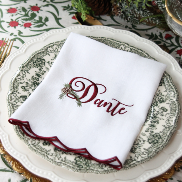 LINEN SCALLOP NAPKINS With Claret or Sage Green Scallop - Christmas Pine Personalised Name