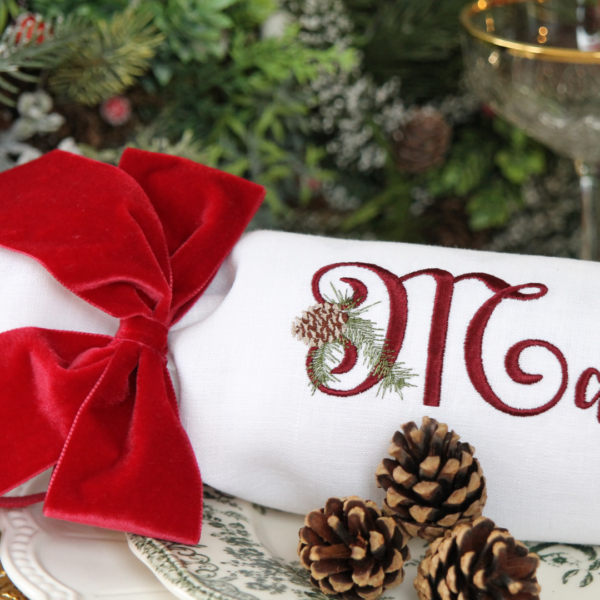 MAXI CHRISTMAS CRACKER - Reusable Crackers Once "Pulled" Become Scallop Napkin - Personalised with Pine Monogram Name