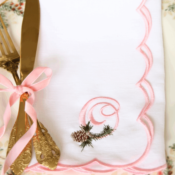 LINEN SCALLOP NAPKINS -White & Pink Scallop Napkin with Christmas Pine Monogram