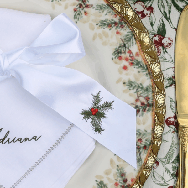 Napkin Ribbon Ties Embroidered with Holly