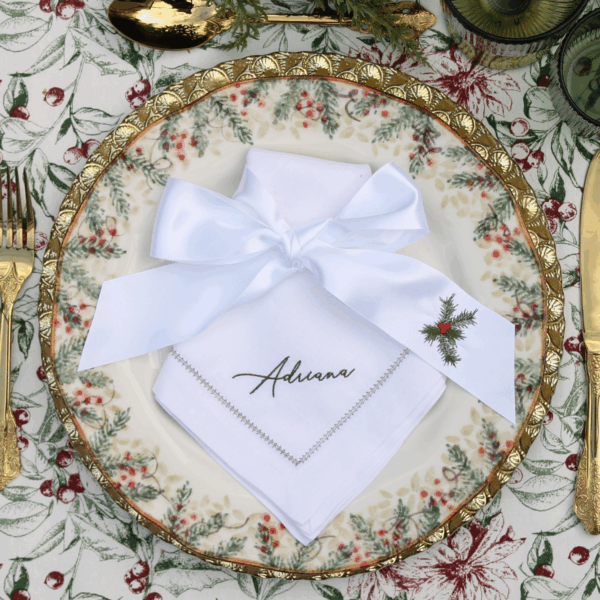 Napkin Ribbon Ties Embroidered with Holly