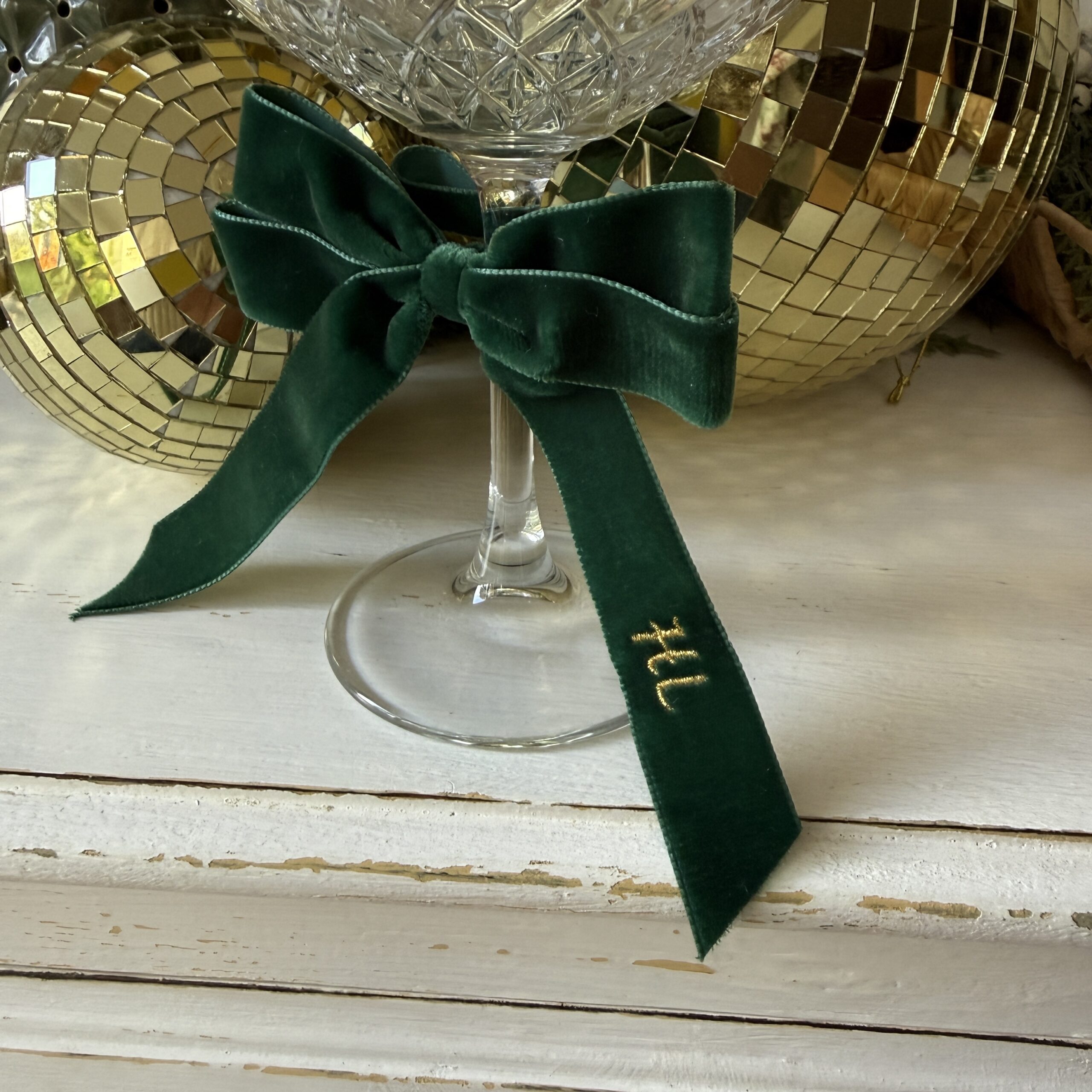 Narrow Double Velvet Bow – Embroidered with Initials