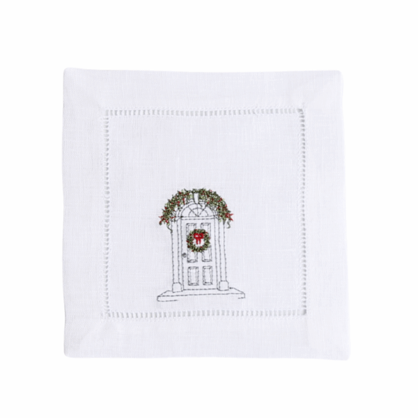 LINEN HEMSTITCH COCKTAIL NAPKIN - Personalised Door Portrait with Christmas Wreath