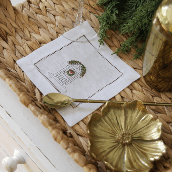 LINEN HEMSTITCH COCKTAIL NAPKIN - Personalised Door Portrait with Christmas Wreath