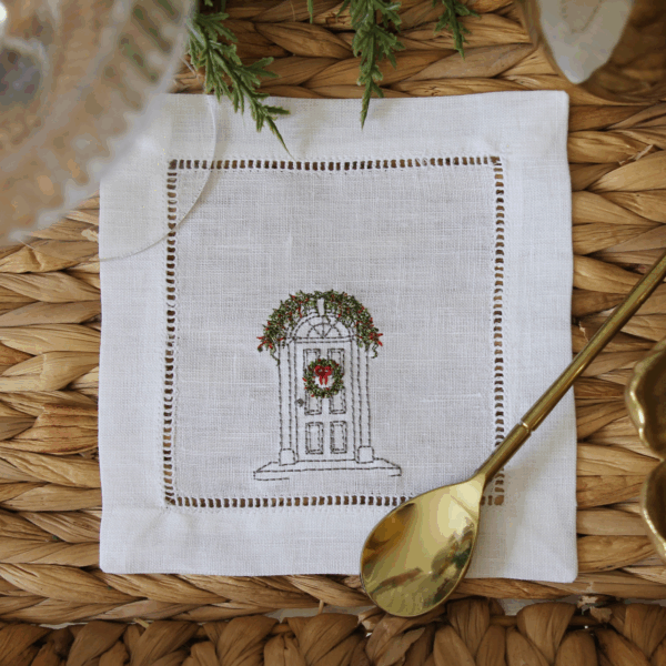LINEN HEMSTITCH COCKTAIL NAPKIN - Personalised Door Portrait with Christmas Wreath