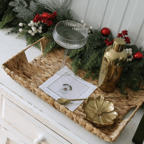 LINEN HEMSTITCH COCKTAIL NAPKIN - Personalised Door Portrait with Christmas Wreath