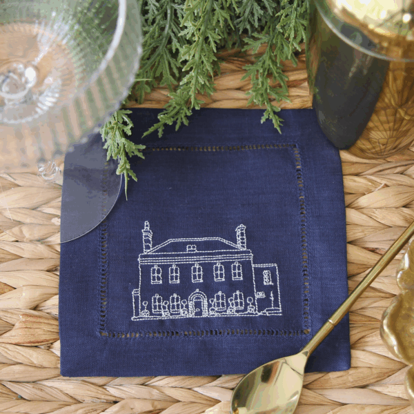 LINEN HEMSTITCH COCKTAIL NAPKIN - Personalised House Wedding Venue Portrait Embroidered onto Napkin