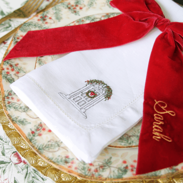 LINEN HEMSTITCH COCKTAIL NAPKIN - Personalised Door Portrait with Christmas Wreath