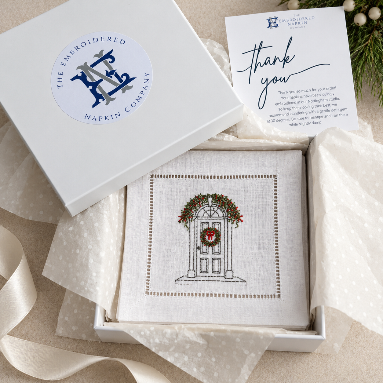 Set of 4 Personalised Door Portrait with Christmas Wreath Cocktail Napkins