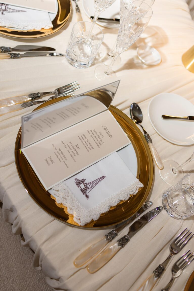 Luxury Wedding Tables with Embroidered Napkins at The Shard