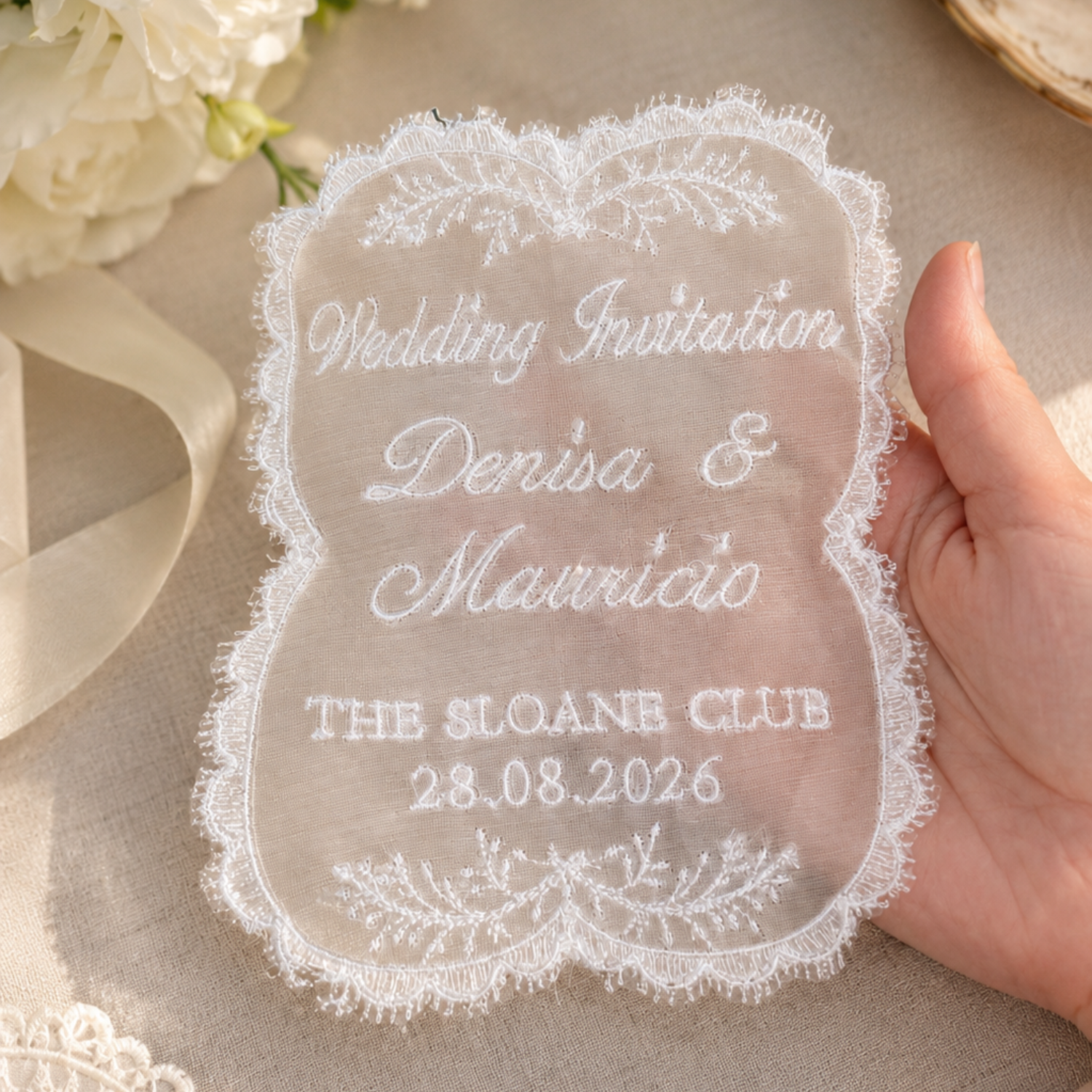 A6 Silk Organza Lace Wedding Invitation or Save the Date - Image 5
