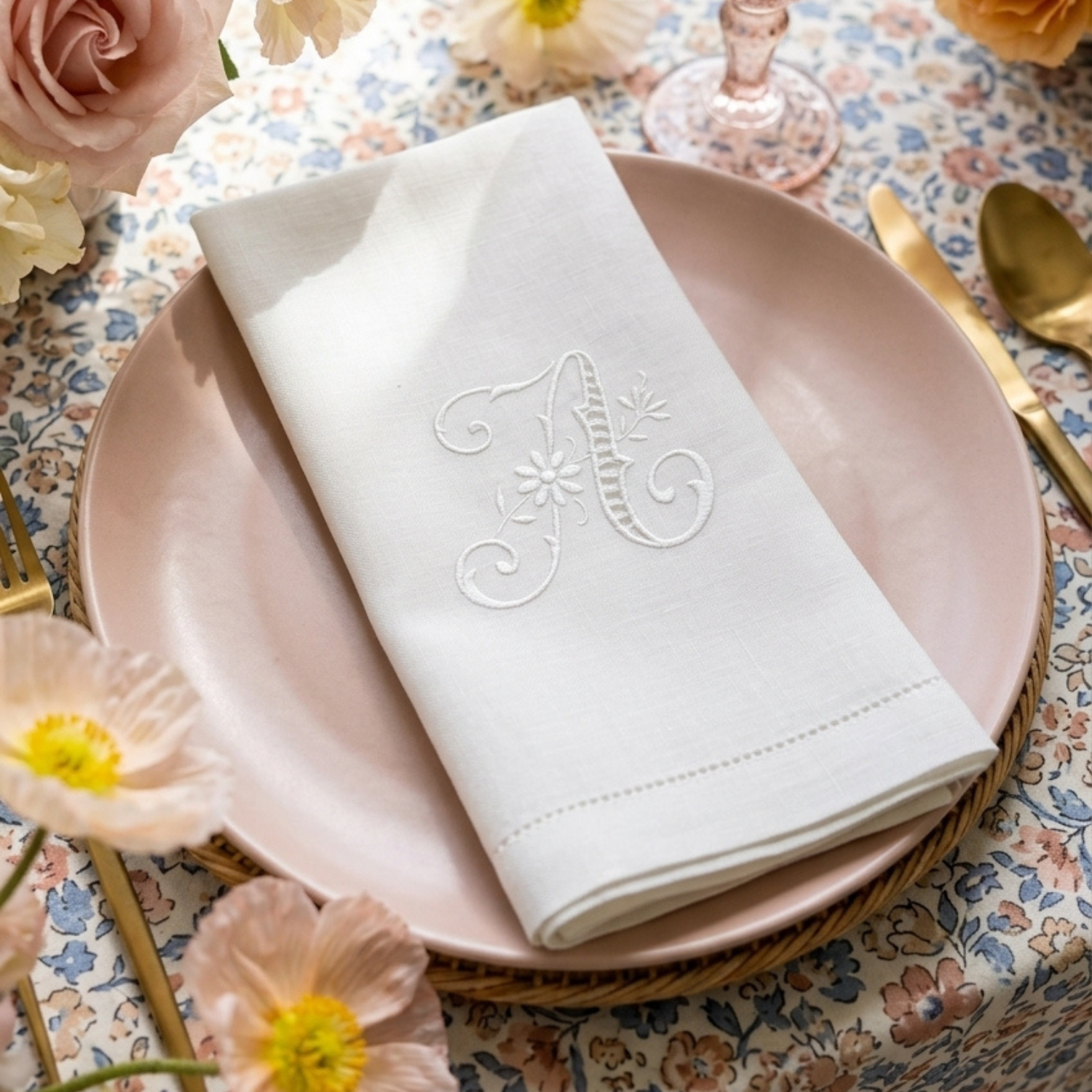 LINEN HEMSTITCH NAPKIN Cutwork Monogram Napkin