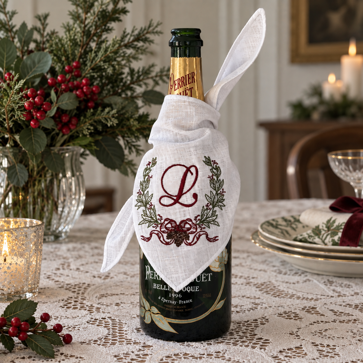 Personalised Christmas Champagne Bottle Wrap Embroidered
