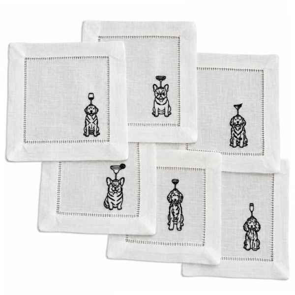 LINEN HEMSTITCH NAPKINS Dogs and cocktails LINEN HEMSTITCH NAPKINS Dogs and cocktails napkins