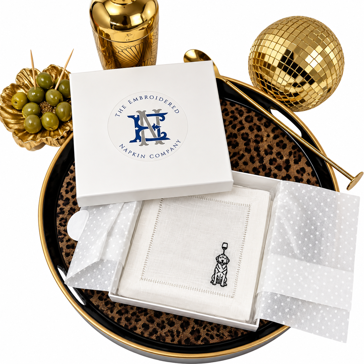 LINEN HEMSTITCH NAPKINS Dogs and cocktails napkins