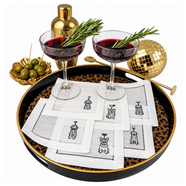 LINEN HEMSTITCH NAPKINS Dogs and cocktails napkins