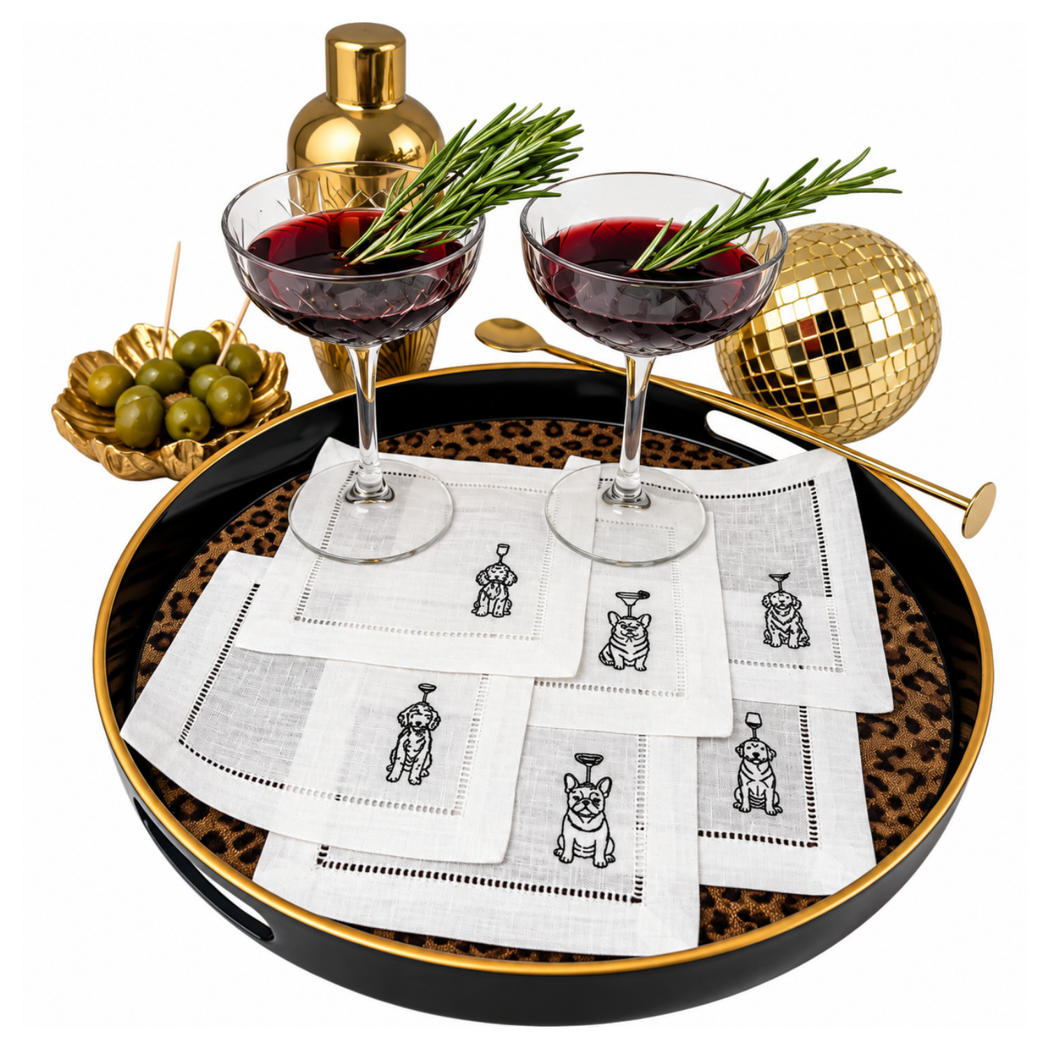 LINEN HEMSTITCH NAPKINS Dogs and cocktails napkins