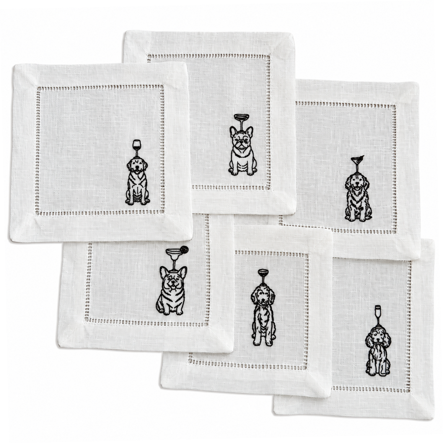LINEN HEMSTITCH NAPKINS Dogs and cocktails napkins
