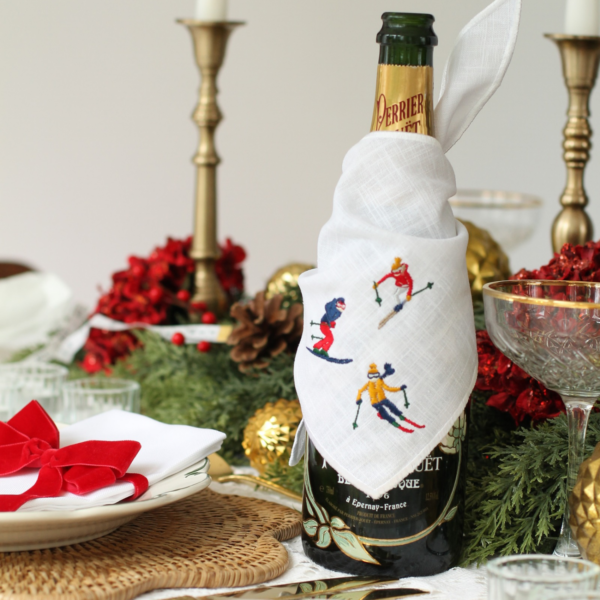 Ski Lover Gift – Embroidered Champagne Bottle Wrap with Winter Skiers
